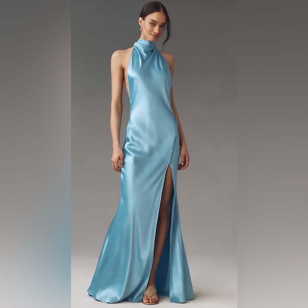 Sau Lee Penelope Sky Blue Backless High Neck Gown